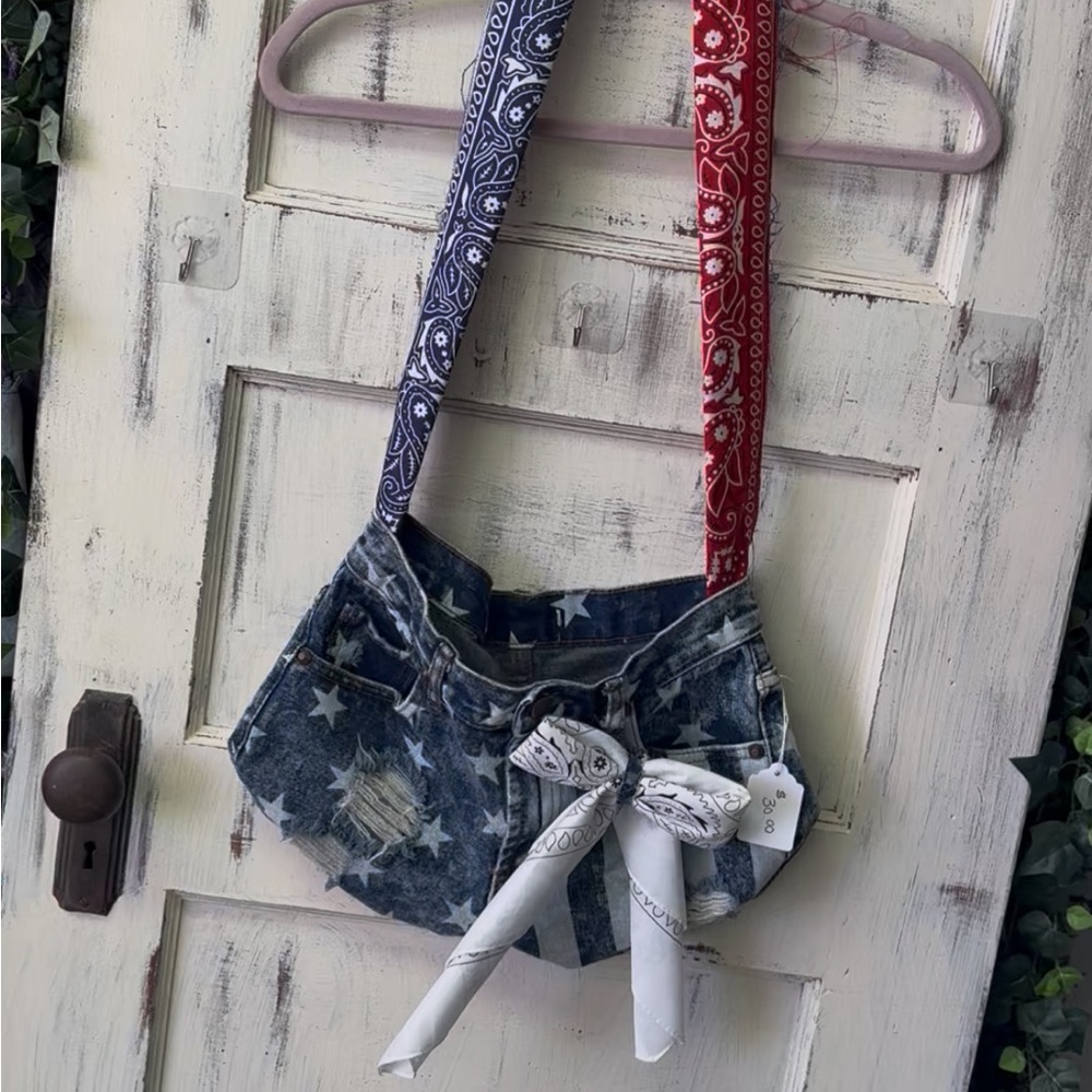 Upcycled Denim Star Print Crossbody Bag with Bandana Straps